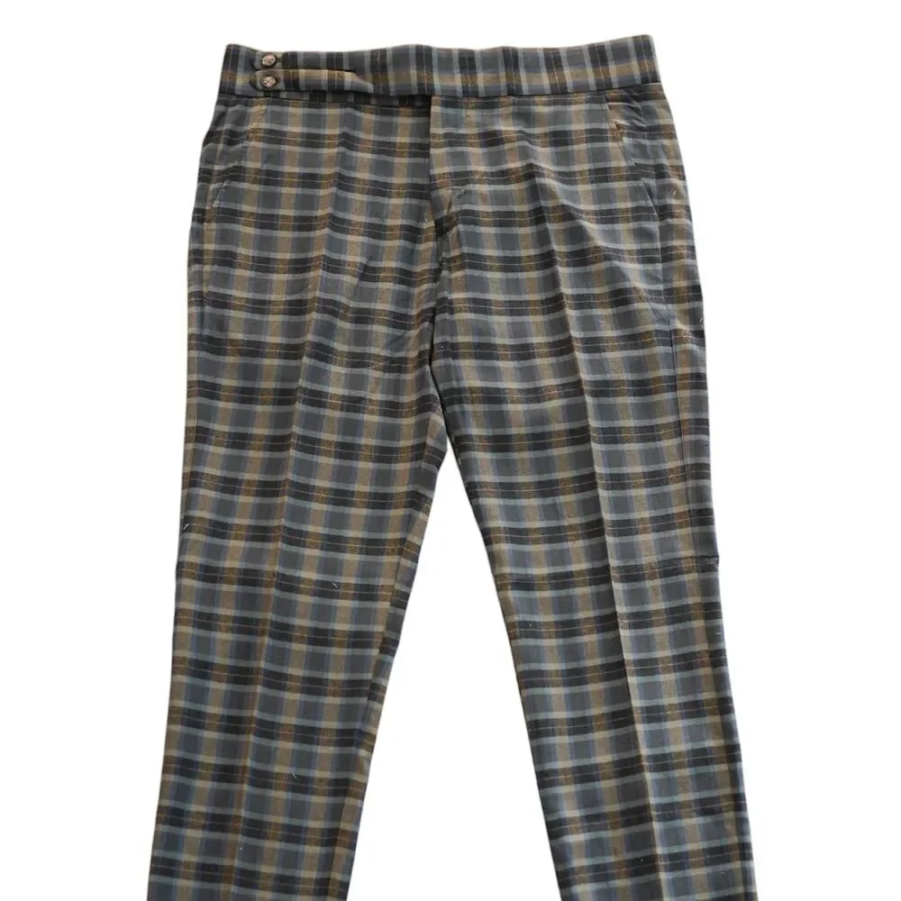 Mens Gurkha Pants 36 Blue Brown Plaid High Waist Flat Front Slim Fit Trousers